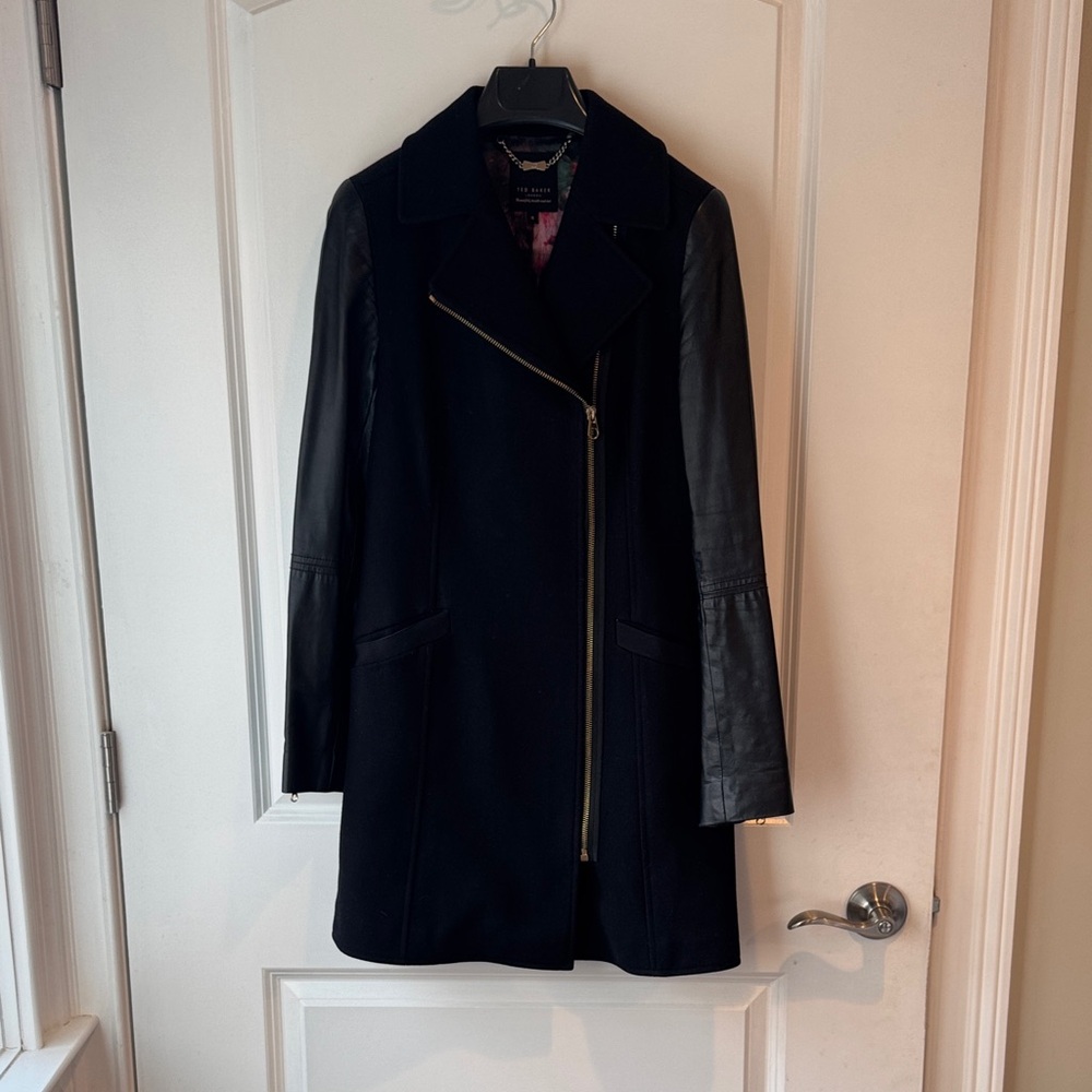 Ted Baker Alycia Black Wool Cashmere Coat with Leather Sleeves
